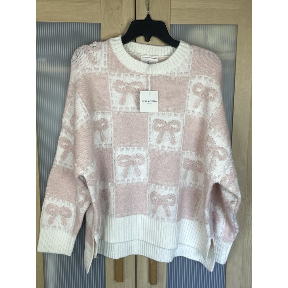 Soho & Stella Pink Checkered Bow Knit Sweater Womens Sz M Coquette Cute Soft Top